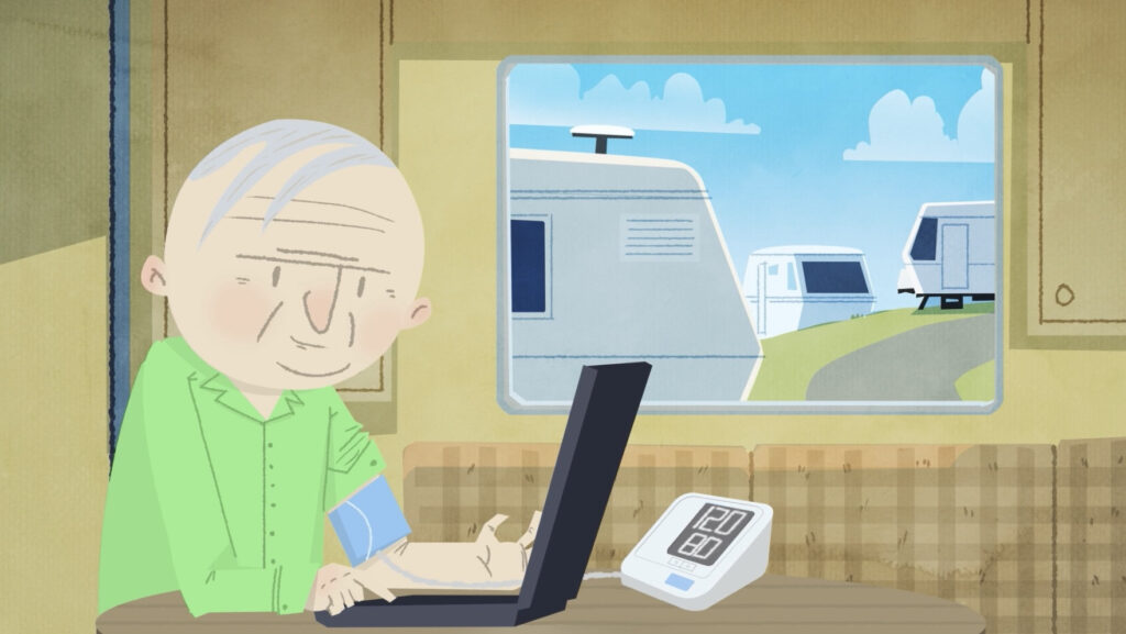 Cartoon drawing of a person inside a caravan, in a campsite, taking a blood pressur e test and sending results to their clinician via a laptop.