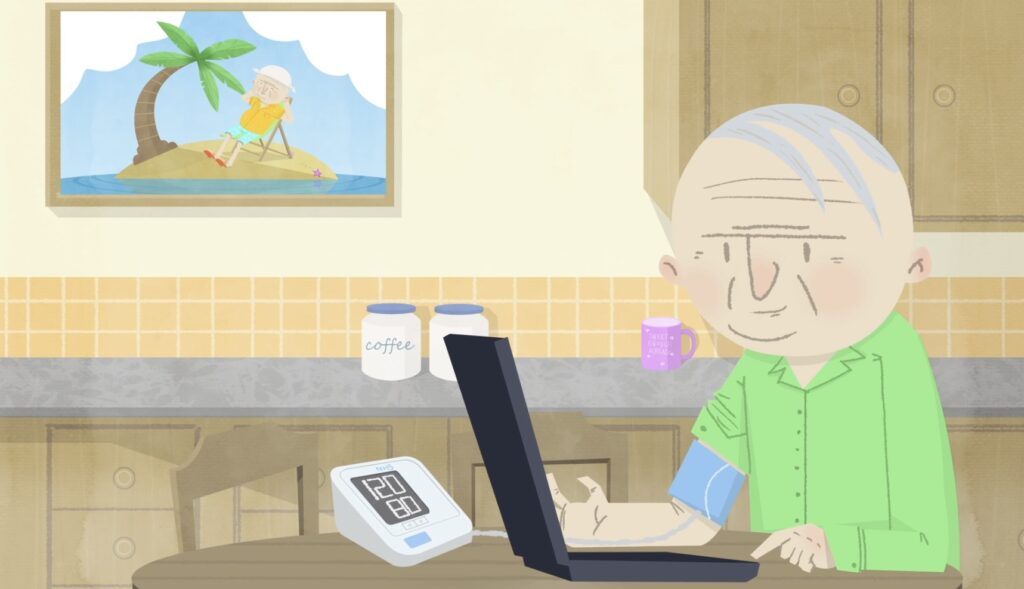 Cartoon drawing of a person in a kitchen taking a blood pressure test and sending results to their clinician via a laptop.